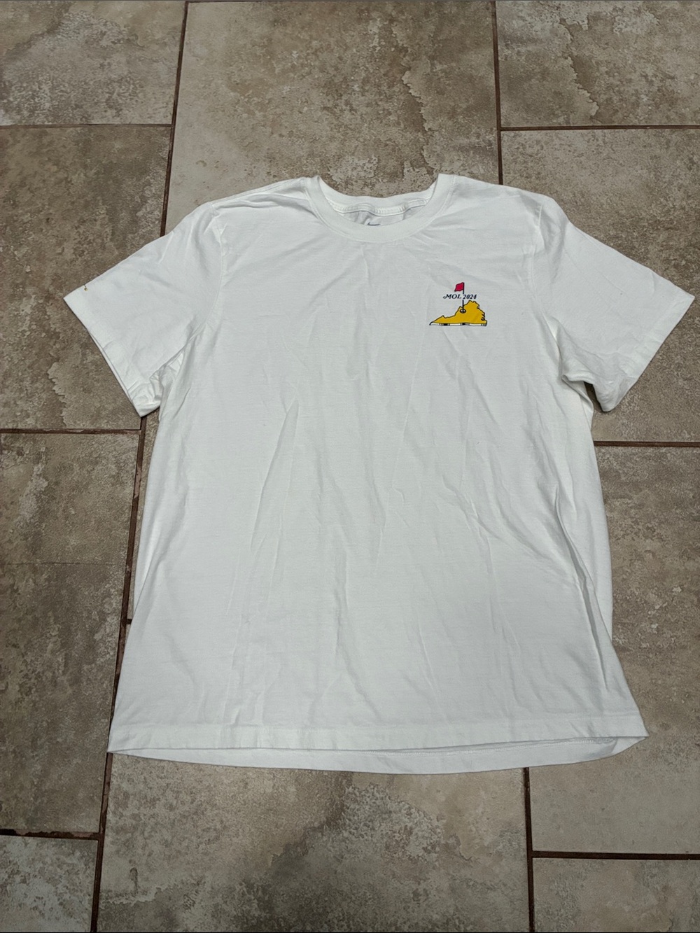 Nike White Short Sleeve Tee with Yellow Chest Graphic and Red Flag